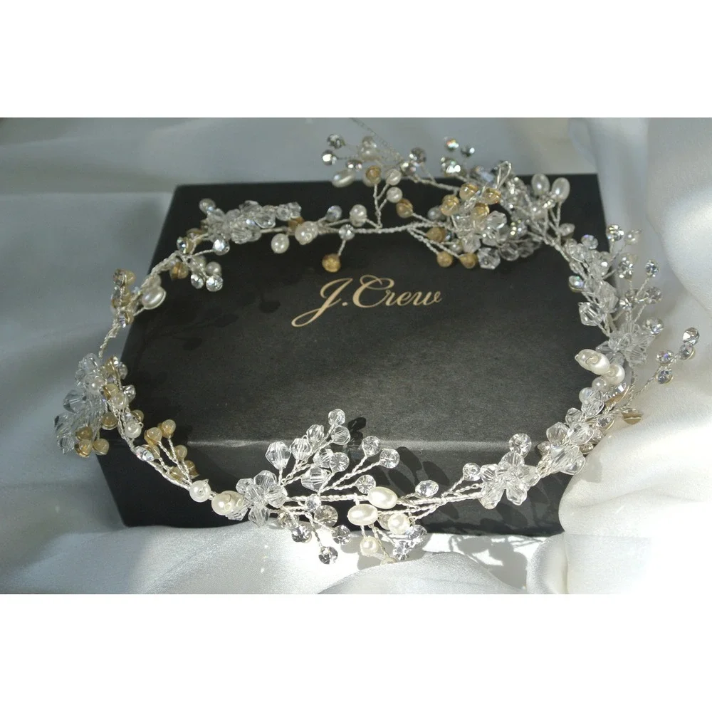 J.Crew Crystal and Pearl Floral Vine Bridal Headpiece Silver Tone OS